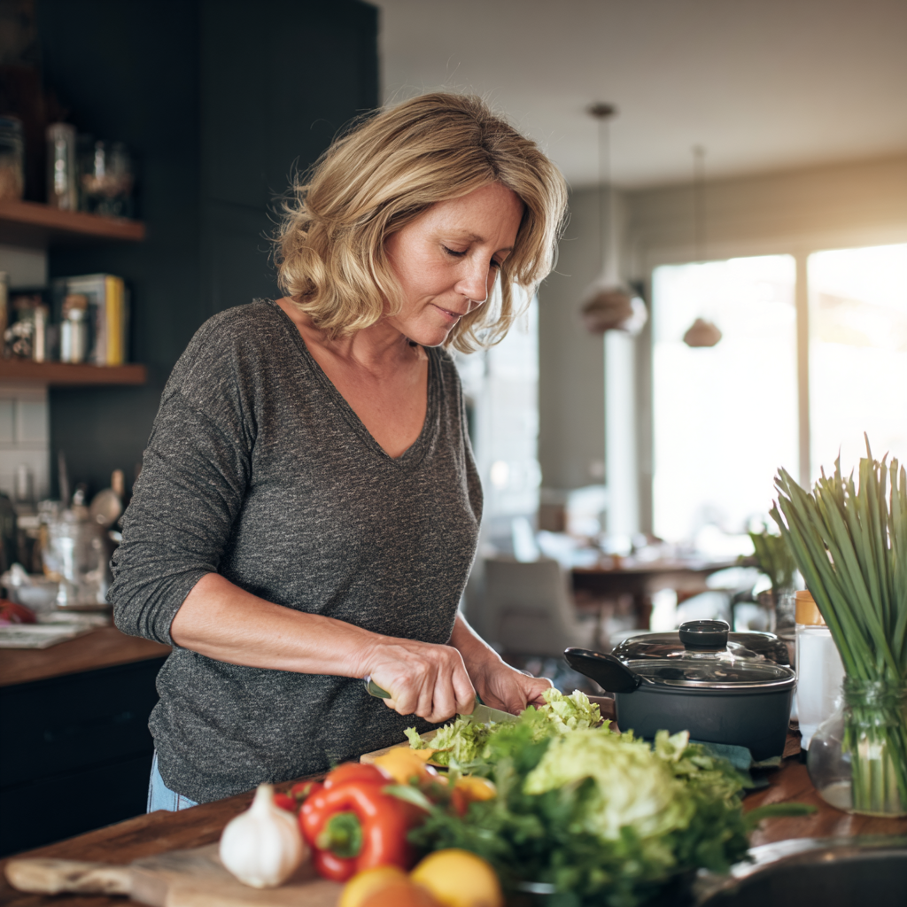 middle-aged woman preparing healthy meal in modern kitchen
