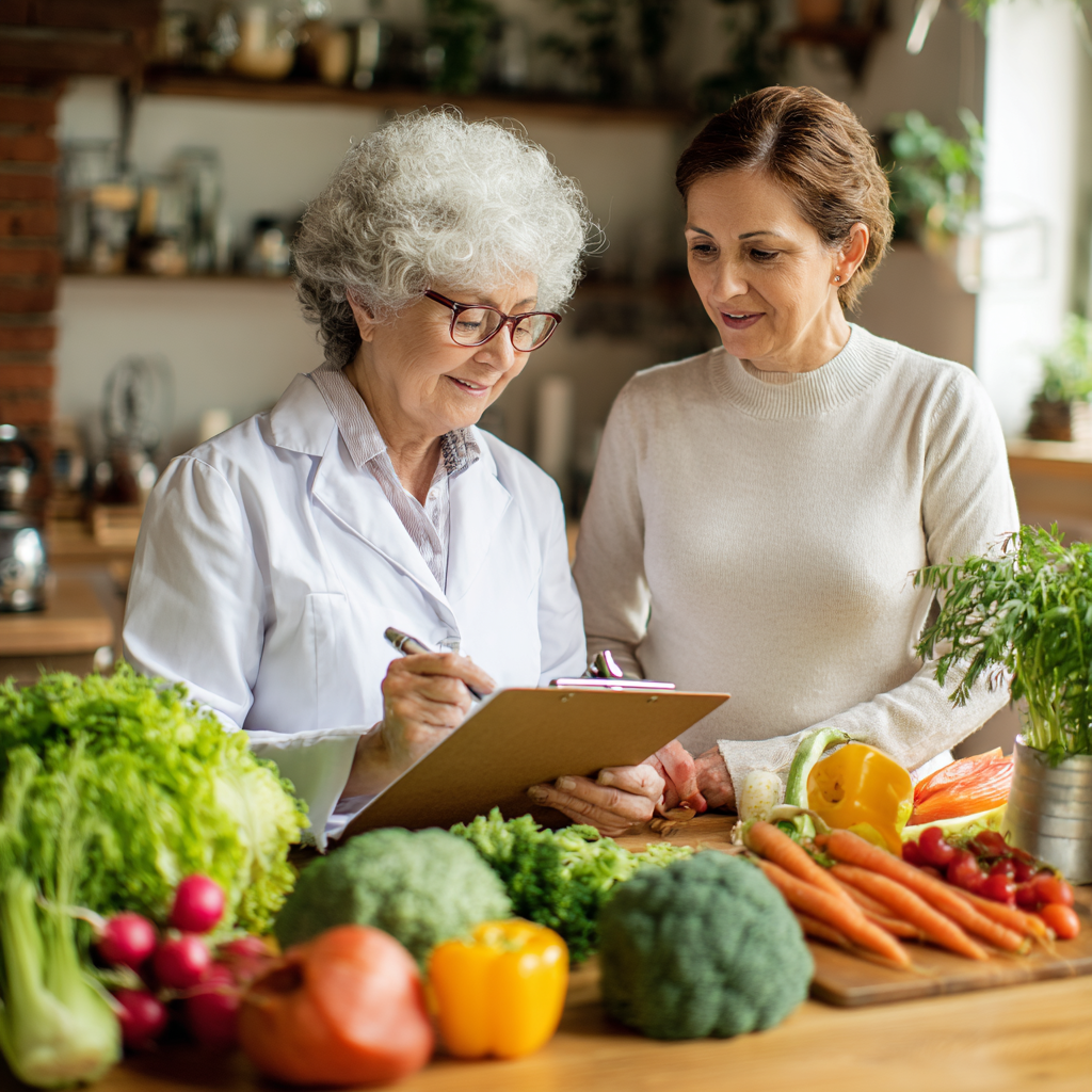 nutritionist consulting with senior adult about healthy meal planning